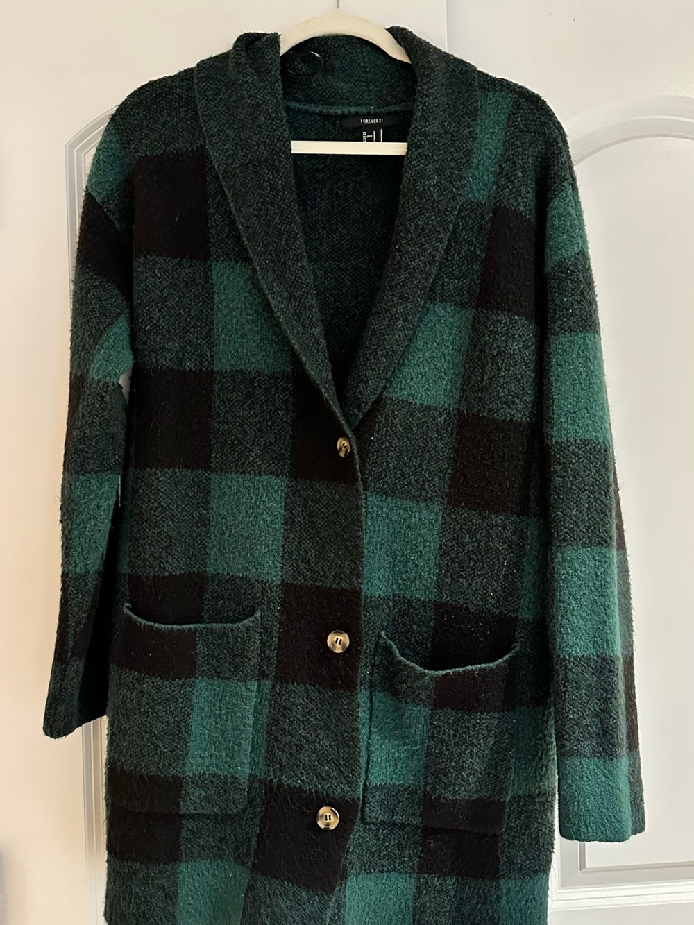 Forever 21 Green and Black Plaid Long Cardigan Sweater
